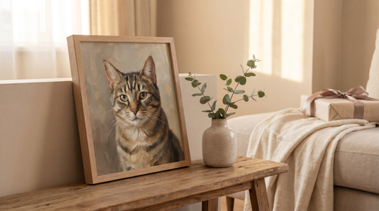 Gifts for cat lovers unique: a framed custom cat portrait propped on a console in a warm, grown-up living room