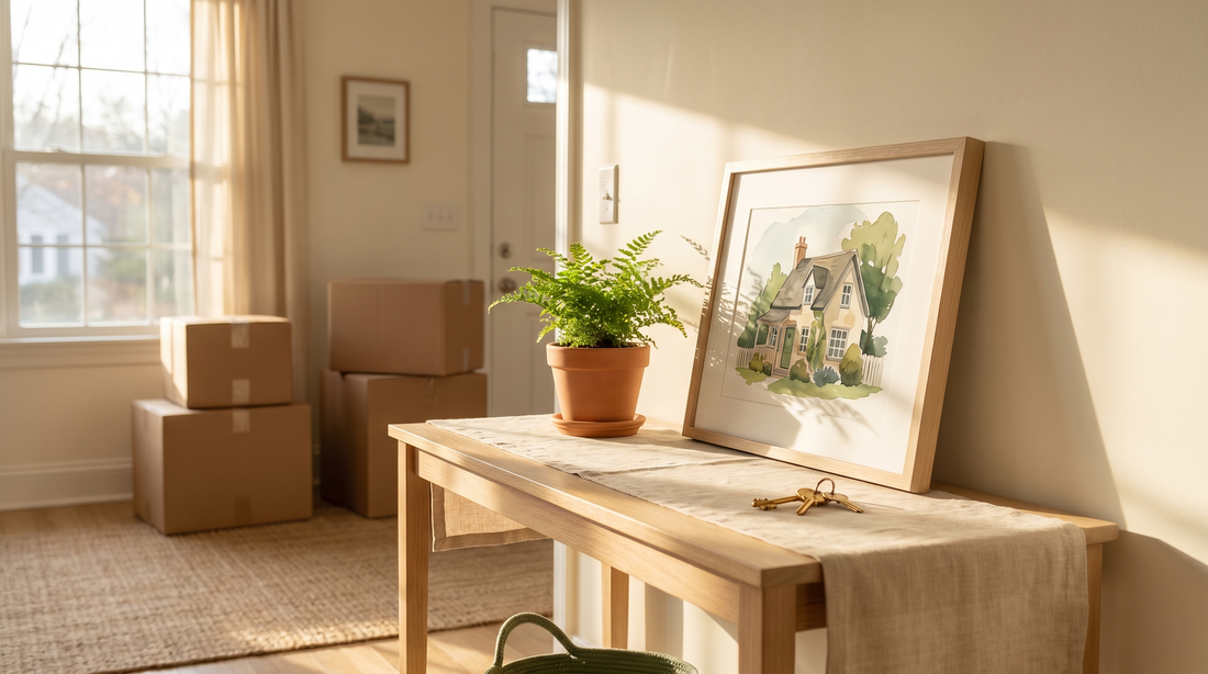 unique housewarming gift ideas, a framed watercolor house portrait propped on a console in a sunny new home entryway