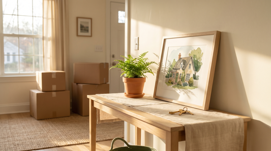 unique housewarming gift ideas, a framed watercolor house portrait propped on a console in a sunny new home entryway