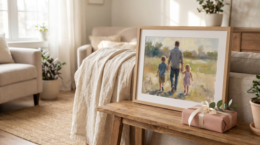 Unique mother's day gift ideas: a framed custom family portrait propped on a console beside a small wrapped gift in a warm living room