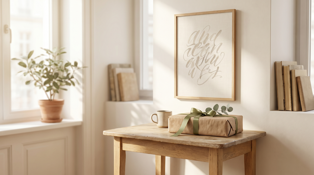Graduation gift ideas for her: a framed motivational typography print on the wall of a bright first apartment, propped beside a wrapped gift