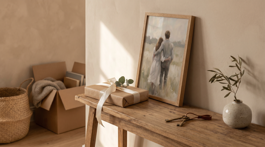 budget wedding gift ideas, a framed couple portrait wrapped with a ribbon propped on a console in a couple's new home