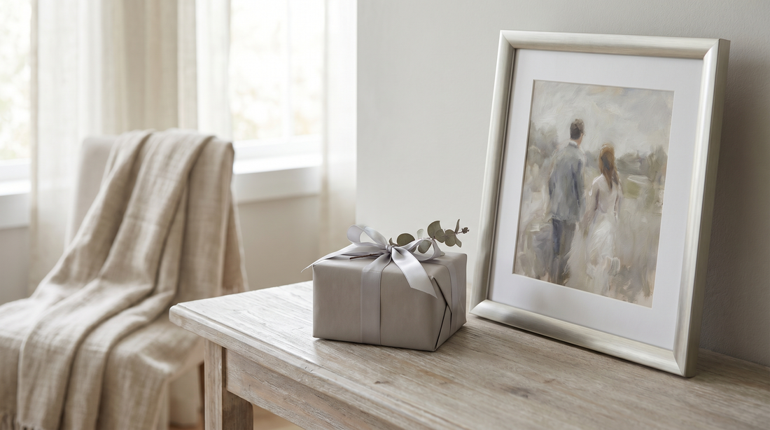 25th anniversary gift ideas: a framed custom couple portrait in a silver frame on a neutral console with a wrapped gift