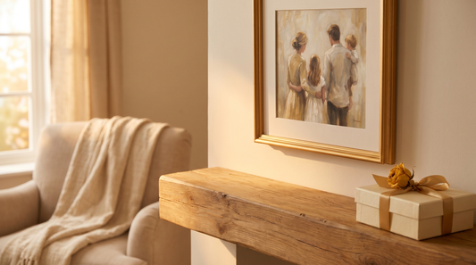 50th anniversary gift ideas: a framed custom family portrait in a gold-toned frame above a mantel with a wrapped gift