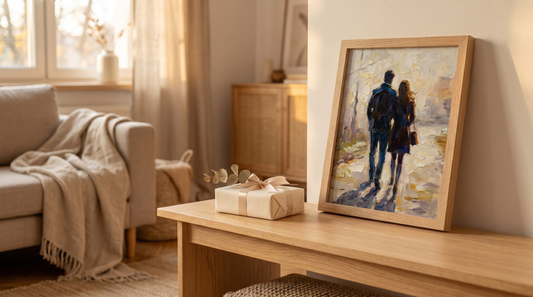 First anniversary gift ideas: a framed custom couple portrait on a console with a wrapped paper-anniversary gift in a warm living room