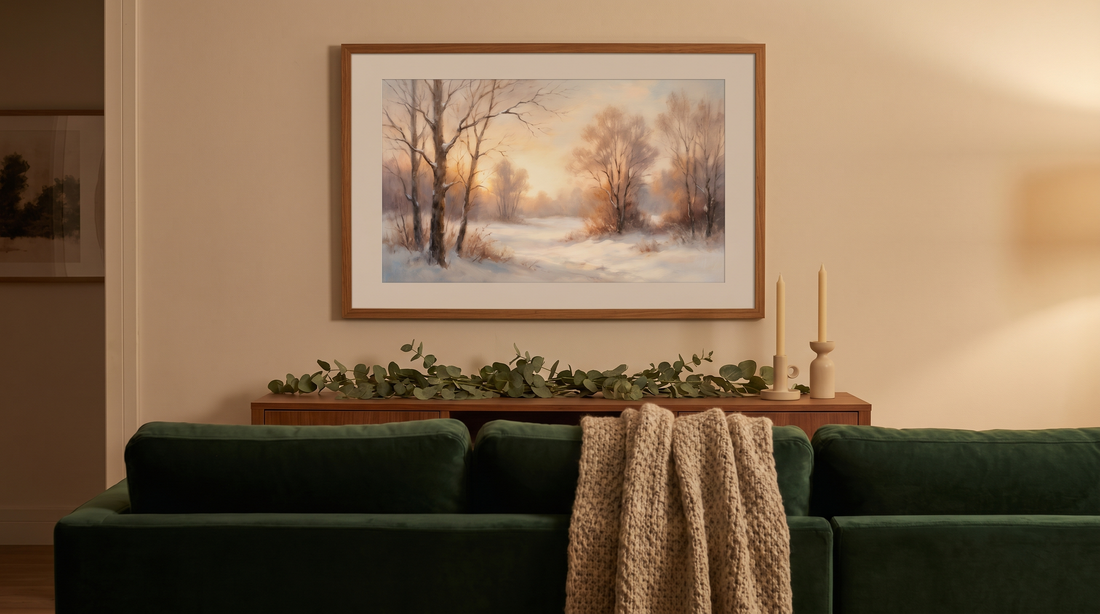 Christmas wall decor ideas: a framed winter print hung above a sofa with soft holiday styling