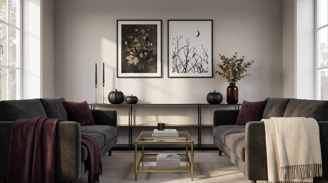 Moody living room with framed Halloween wall art showing halloween decoration ideas for homes in a chic, not cheesy style