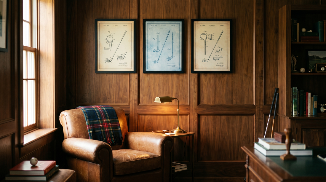 Framed vintage golf patent prints as unique gifts for golfers, hung in a warm wood-paneled den
