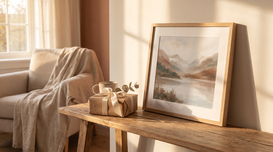 Meaningful retirement gifts: a framed inspirational print propped on a console beside a wrapped gift in a warm living room