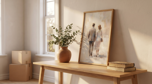 Unique wedding gift ideas art: a framed couple portrait styled on a console in a newlywed home