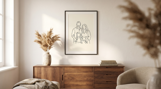 Custom family portrait from photo: a framed line-art illustration of a family hung on a living room wall
