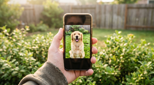 Best photo for pet portrait: a hand holding a phone with a sharp, sunlit close-up of a dog