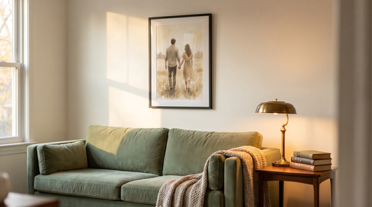 Custom couple portrait gift: an illustrated portrait of two people framed above a living room sofa