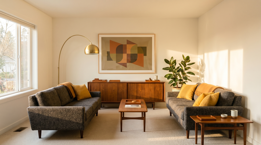 Mid century modern living room with a walnut sideboard, low sofa, and framed geometric wall art on a warm white wall
