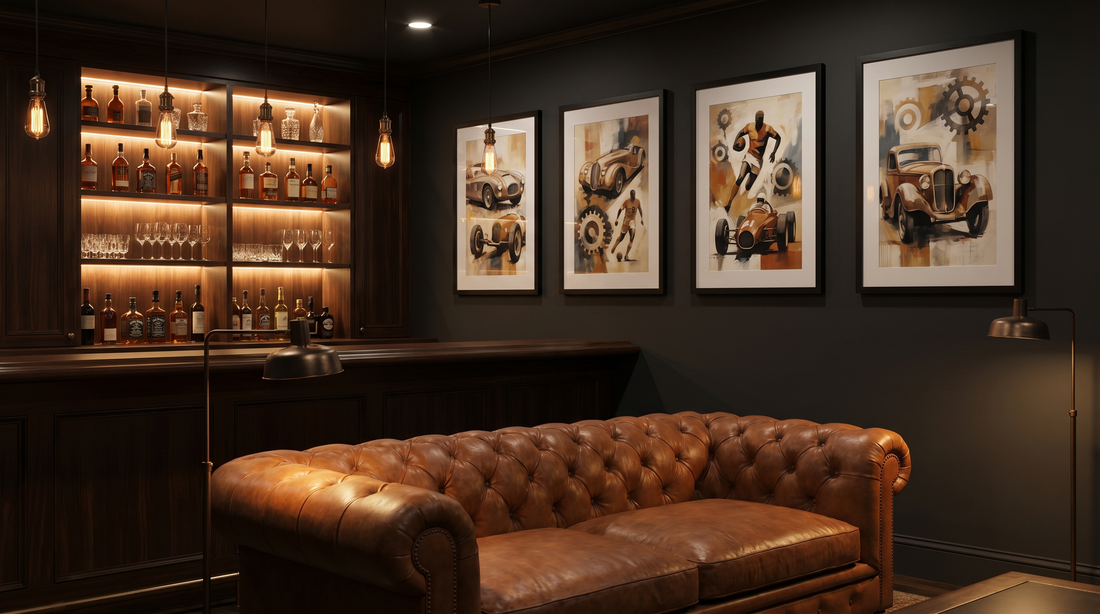 Man cave decor ideas for adults: framed art in a gallery row above a dark wood home bar