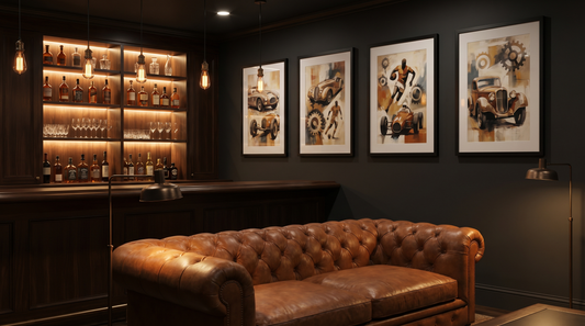 Man cave decor ideas for adults: framed art in a gallery row above a dark wood home bar