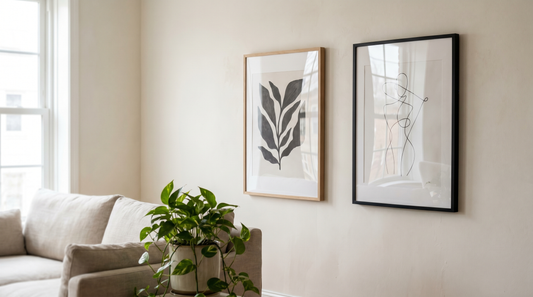 Plexiglass vs glass frame, two framed prints styled on a warm living room wall in soft daylight