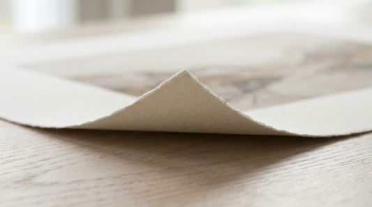 Close-up of heavy 200gsm archival paper edge with visible texture, showing what good art print quality looks like up close