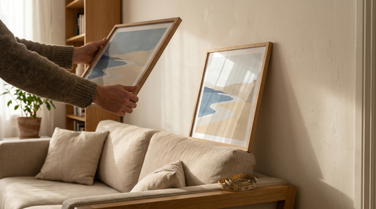Ordering wall art online tips in practice: hands holding a framed print up to a living room wall to check the size before hanging
