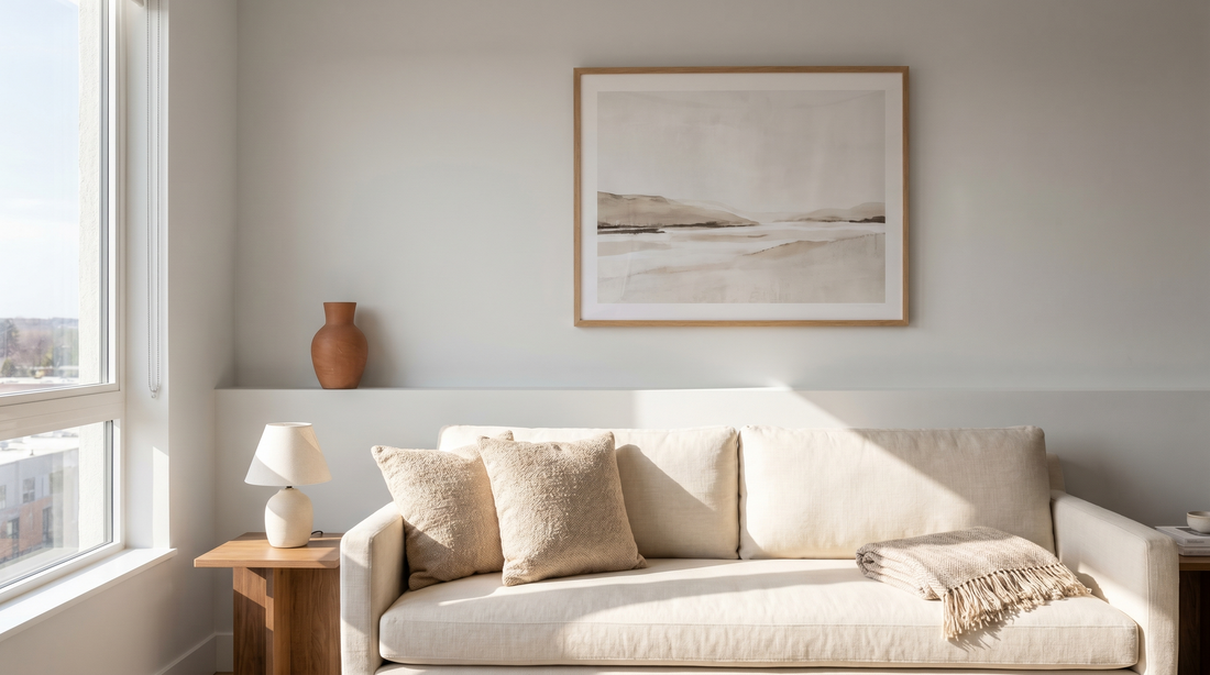 Airbnb wall art decor tips in action: a sunlit living room with one large framed print above a linen sofa
