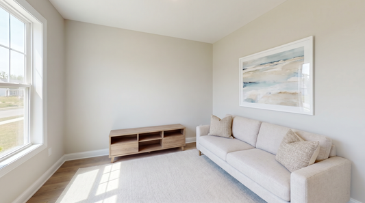 Staged living room with framed abstract wall art above a neutral sofa, listing-photo lighting
