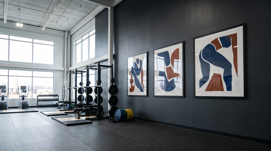 Commercial gym decor ideas: large framed art on a tall weight-floor wall above racks