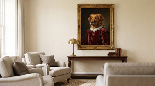 Pet renaissance portrait custom: a framed regal painting of a dog in royal costume on a wall