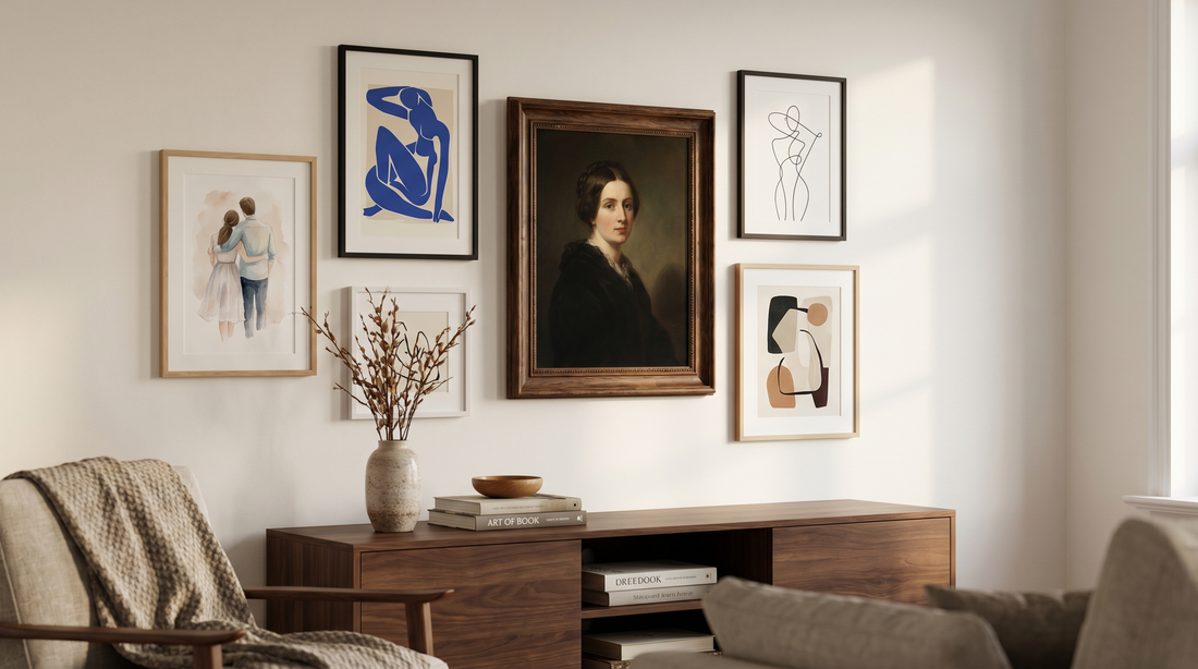 Custom art gift ideas: 5 hand-illustrated portrait styles framed together on a living room gallery wall