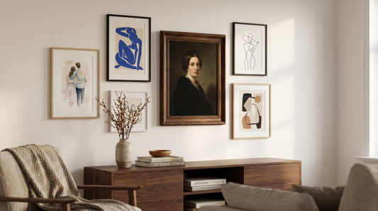 Custom art gift ideas: 5 hand-illustrated portrait styles framed together on a living room gallery wall