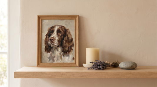 Pet memorial ideas art: a framed illustrated dog portrait on a calm shelf with a candle and dried flowers