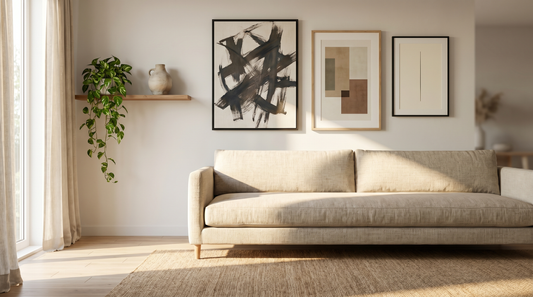 Modern vs contemporary vs minimalist art compared on a styled living room gallery wall