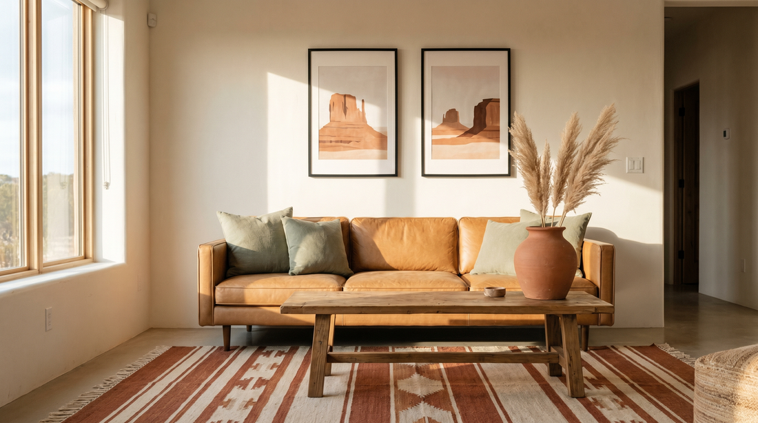 Modern western decor ideas in a sunlit living room with rust, clay, and sage tones and framed desert wall art