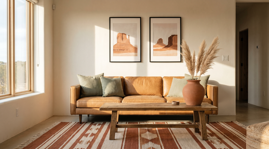 Modern western decor ideas in a sunlit living room with rust, clay, and sage tones and framed desert wall art