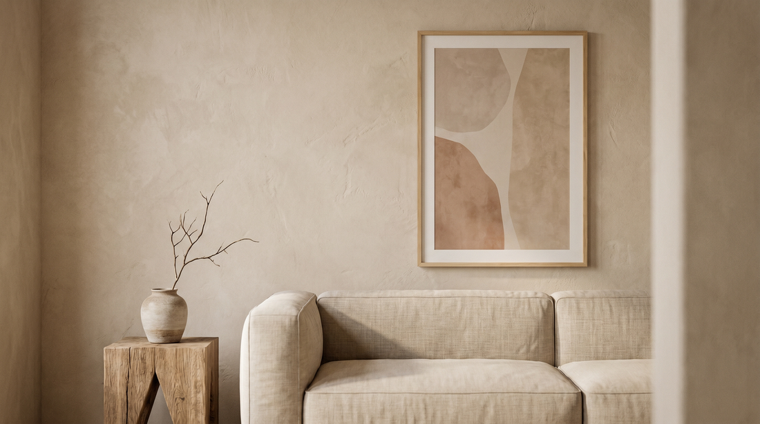 Wabi sabi home decor guide living room with muted earth tones, linen sofa, and a quiet abstract framed print