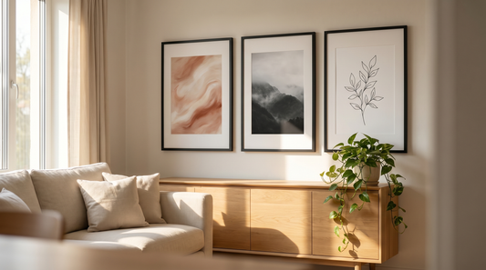 Living room wall mixing abstract, photography, and line art in matching black frames