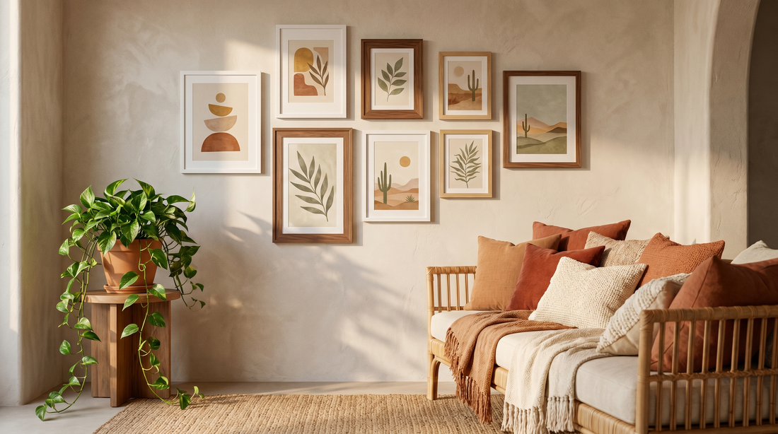 Bohemian wall art ideas: a layered gallery cluster of framed prints above a rattan sofa with terracotta cushions.