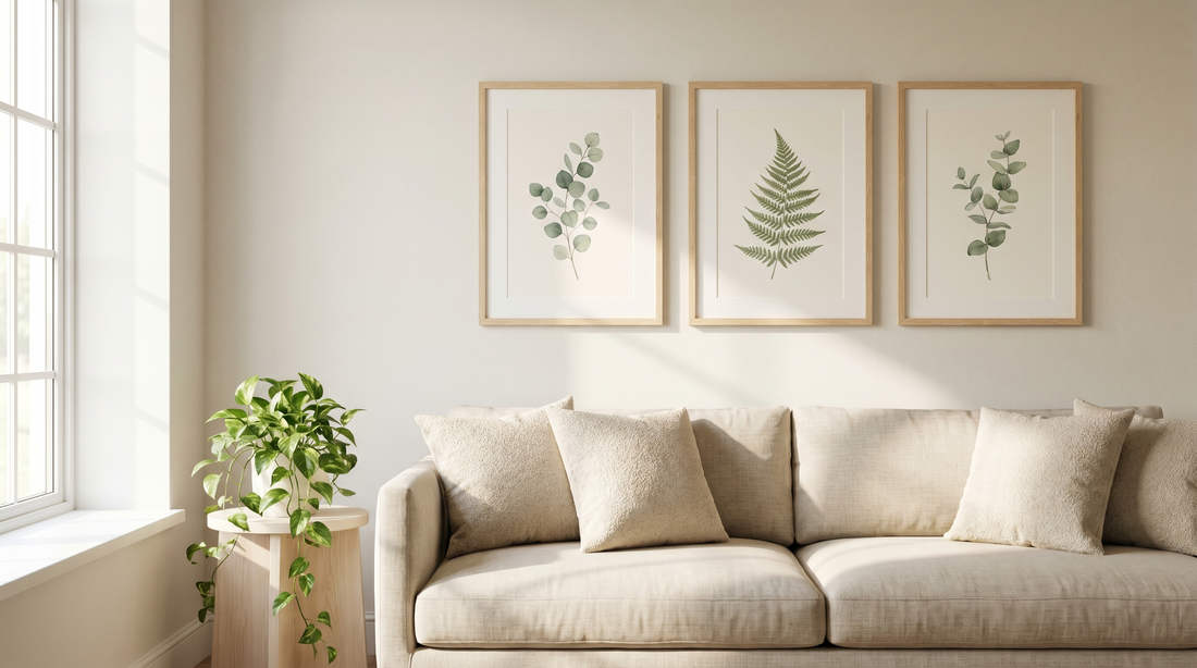 Botanical wall art ideas in a sunlit living room with framed leaf prints above a linen sofa