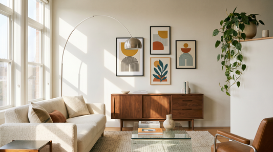 Retro wall art ideas styled in a modern living room with mid-century furniture and warm color prints