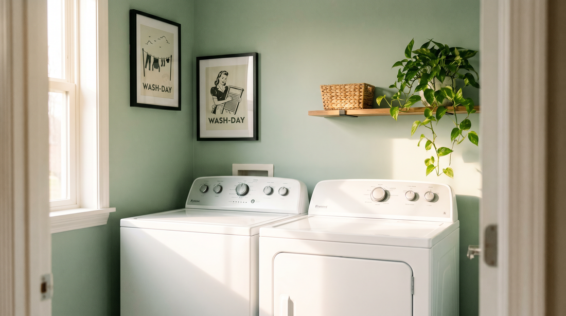 Laundry room decor ideas: a framed vintage wash-day print pair above a white washer and dryer