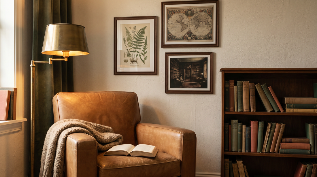 Home library decor ideas: a framed vintage literary print and reading nook corner in a cozy room without built-in shelves
