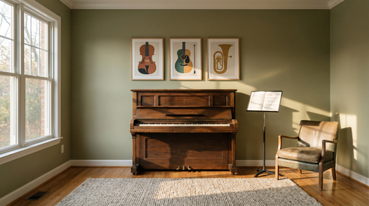Music room decor ideas in a warm practice space with framed abstract instrument art and an upright piano