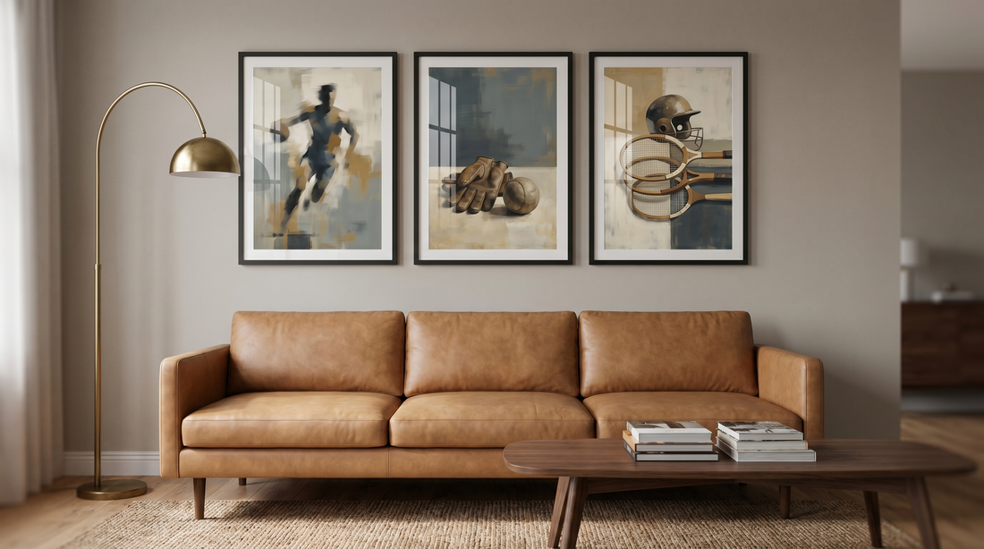 Sports room decorating ideas: three matching framed sports prints in a calm row above a leather sofa