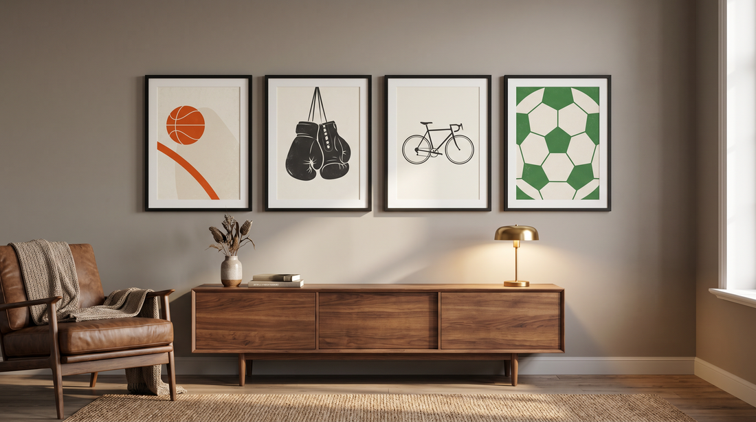 Sports poster design ideas: 4 framed stylized sport prints in black frames on a warm gray wall