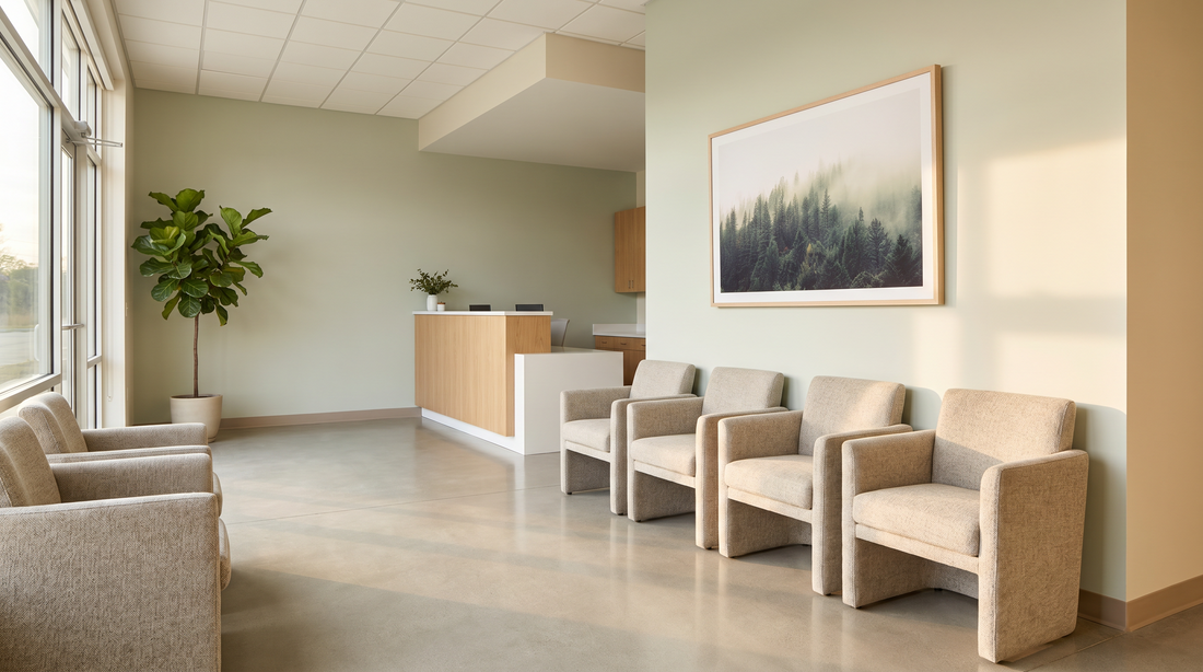Calm medical office reception with a large framed landscape print above the waiting room seating