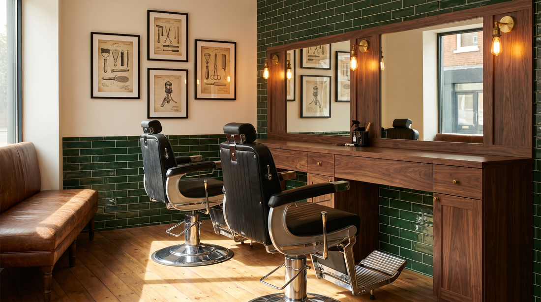 Vintage barber shop decor ideas: dark wood stations, brass fixtures, and a framed gallery wall behind the chairs