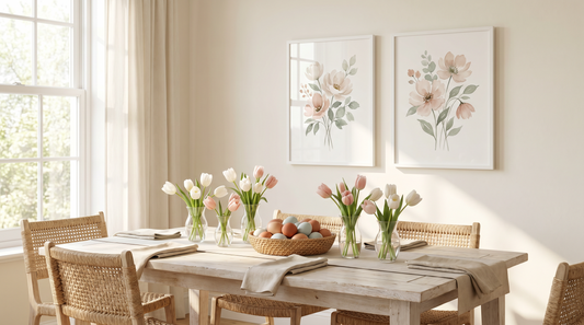 Modern Easter decor ideas in a sunlit dining room with framed floral art, real tulips, and woven baskets