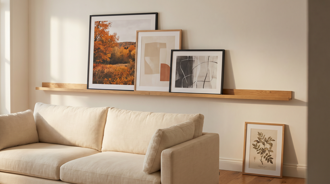 Seasonal art rotation tips in action, framed prints leaning on a long picture ledge above a sofa