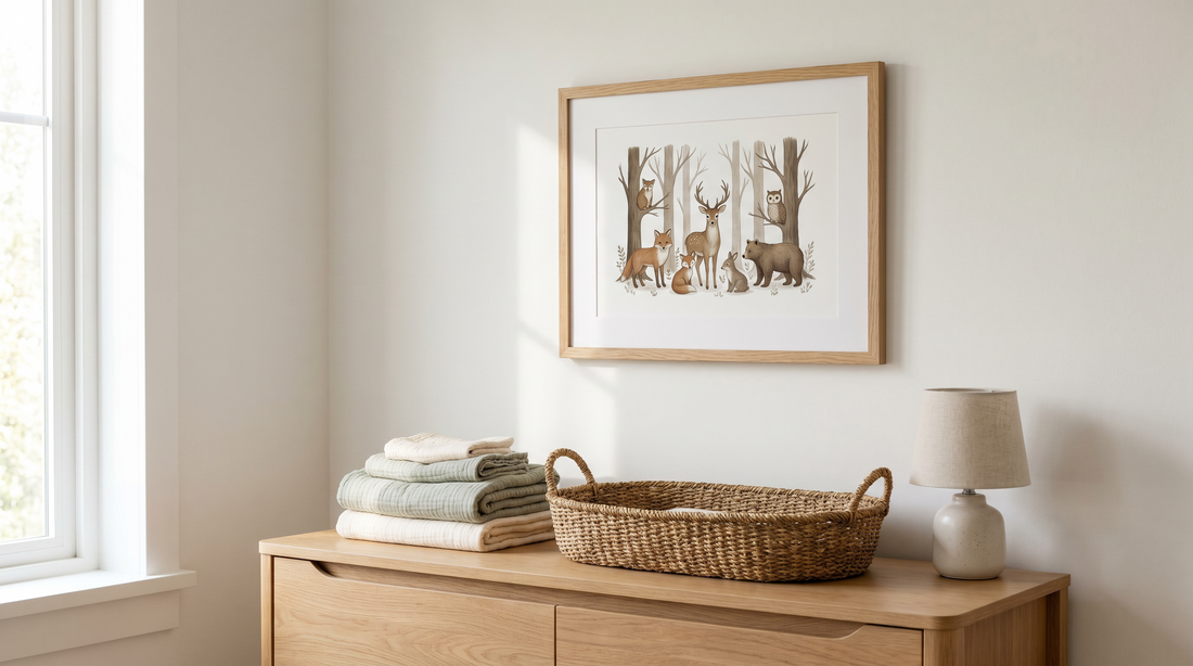 Soft neutral nursery corner with a wooden frame, folded muslin blankets and a woven basket showing practical baby gift ideas