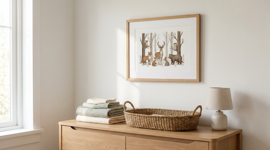Soft neutral nursery corner with a wooden frame, folded muslin blankets and a woven basket showing practical baby gift ideas