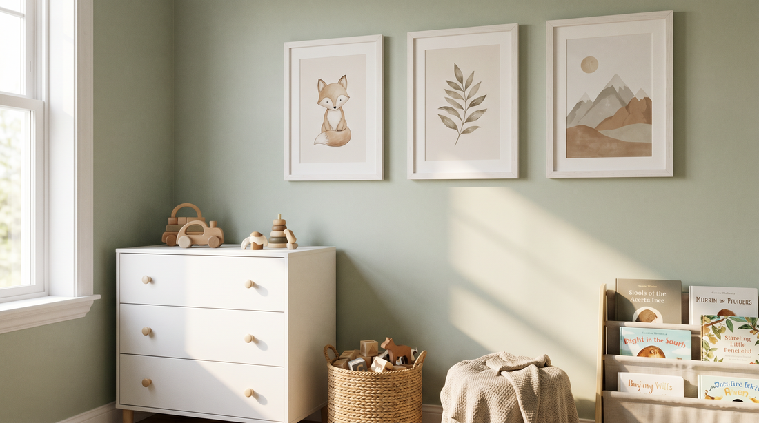 Kids room wall decor ideas with framed animal and nature prints above a low white dresser